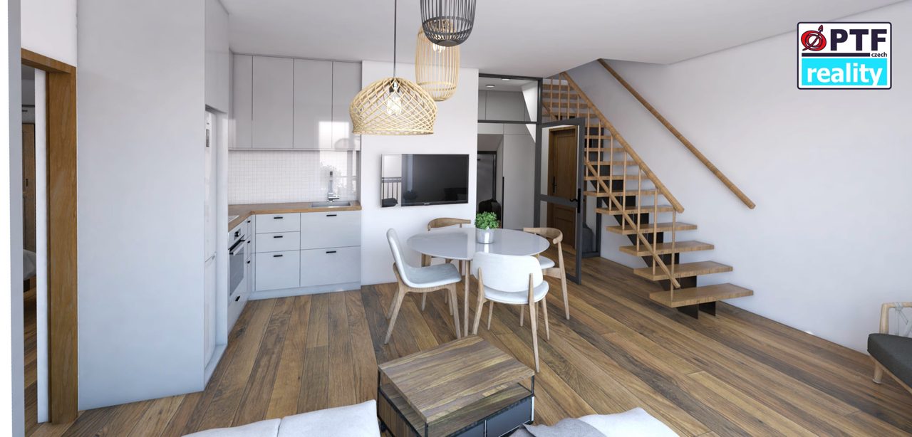 Vizualizace apartmánu 3+kk — obytný prostor s kuchyní a schodištěm na galerii